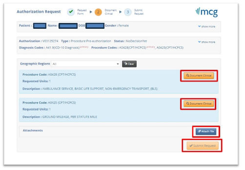 Add Clinical Information and Supporting Documentation – Ambulance Services For A Medicare Member portal screenshot.