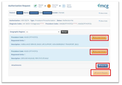 Add Clinical Information and Supporting Documentation – Ambulance Services For A Commercial Member portal screenshot.