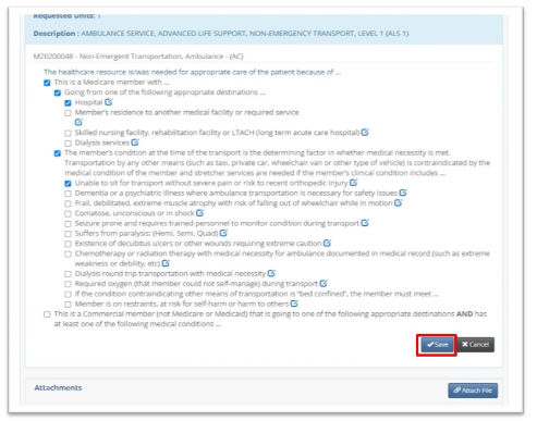 Add Clinical Information and Supporting Documentation – Ambulance Services For A Medicare Member portal screenshot.