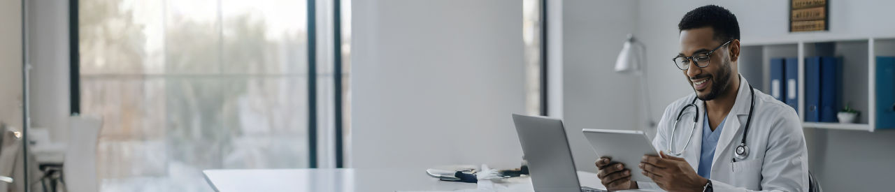 health care provider looking at computer 