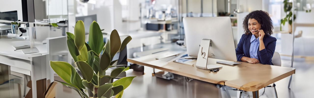 Female is sitting in front of computer and smiling in her office