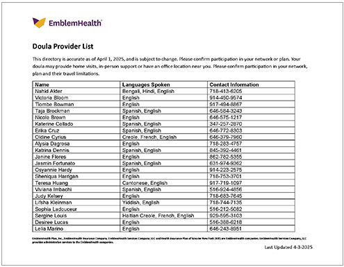 Lista de directorio de doulas