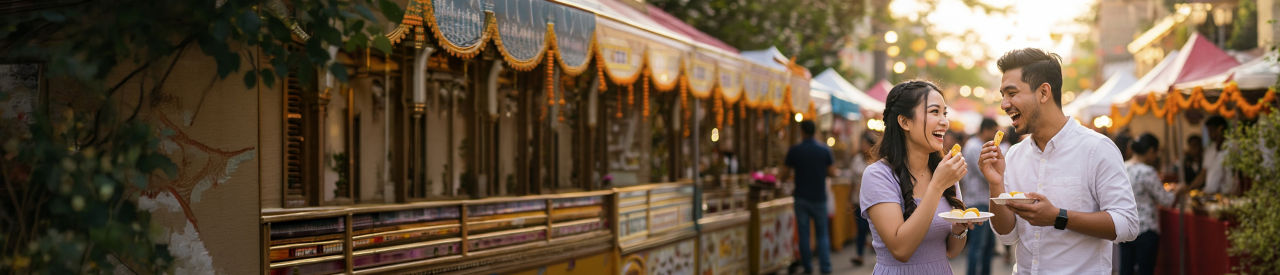 two people eating at a street fair