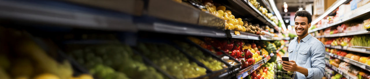 hombre comprando en una tienda de comestibles y mirando el teléfono