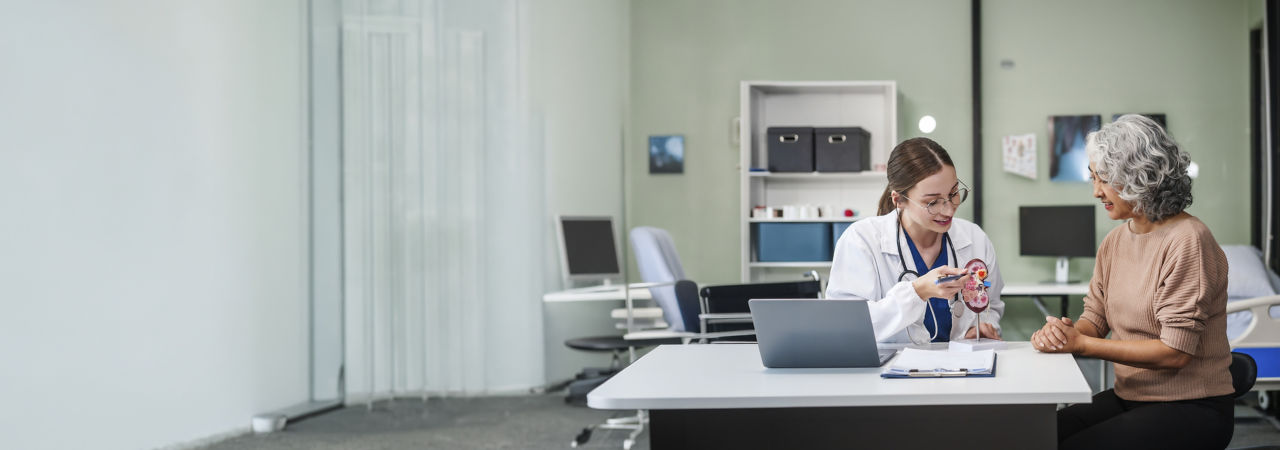 doctor with patient looking at a kidney model