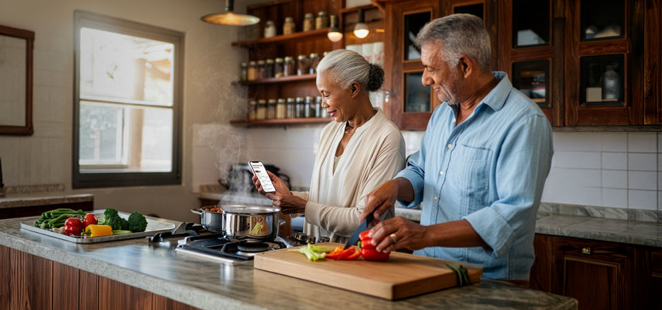 senior couple cooking