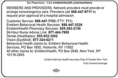 EmblemHealth insurance card sample, back page. 