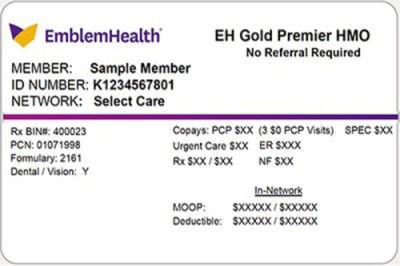 EmblemHealth insurance card sample, front page. 