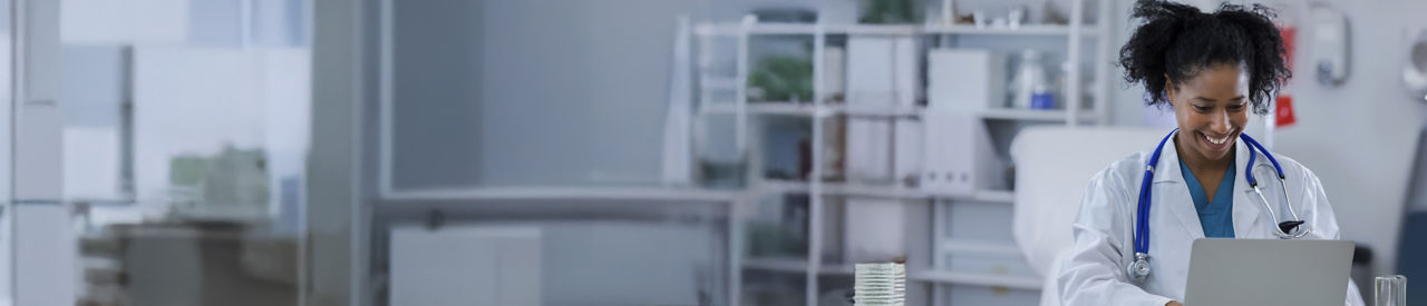 Female doctor at the computer in her office.