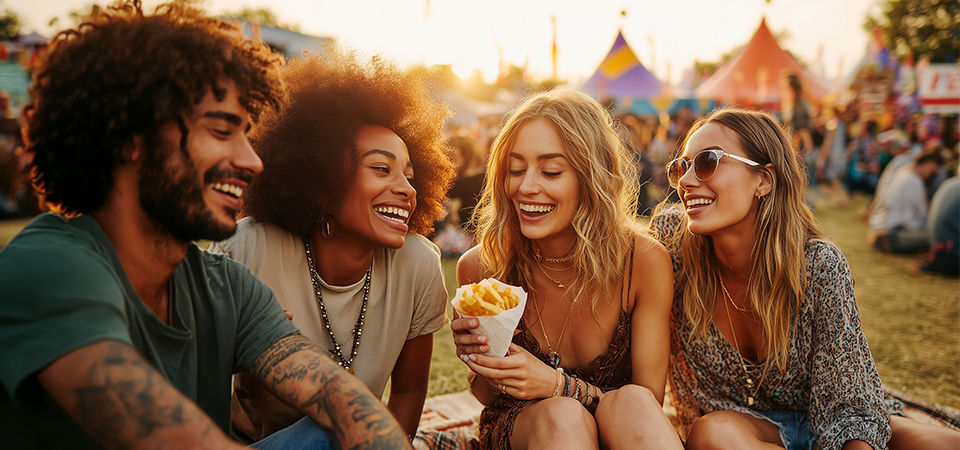 group of friends at street festival eating food