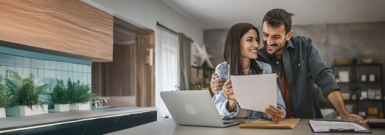 couple with laptop in kitchen