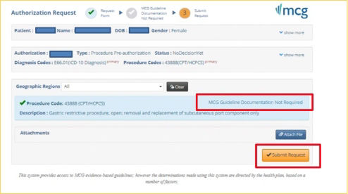 No MCG/Clinical Guideline Required portal screenshot.