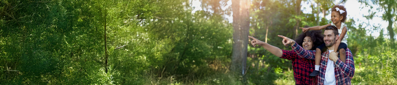 公园里快乐的年轻家庭，用手指指向