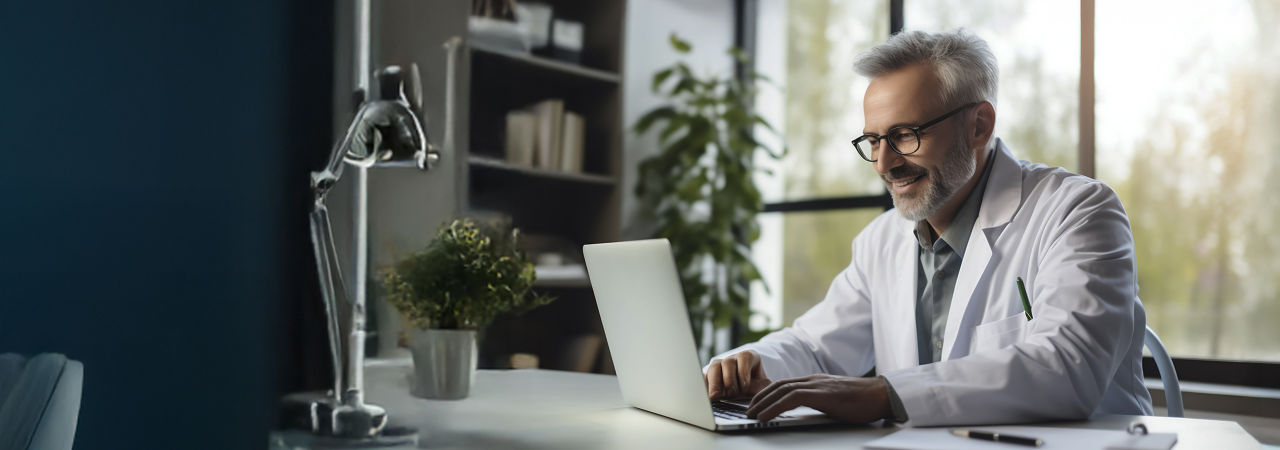 healthcare provider looking at computer at desk