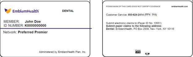 Front and back EmblemHealth sample ID card for Preferred Premier Dental Plan members