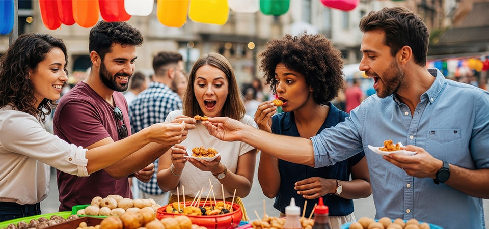 group of friends at street festival eating food