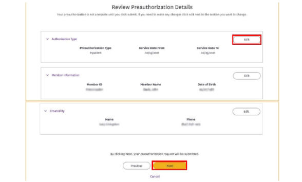 Review Preauthorization Details portal screenshot.