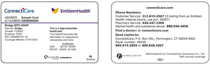 A sample member ID card (front and back) of the ConnectiCare and EmblemHealth Bridge EPO HDHP Plan