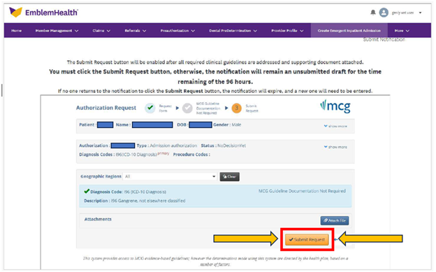 Submit request button in the portal for submitting an authorization request.