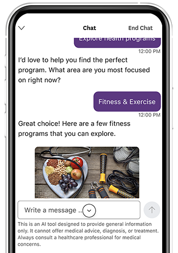 Mobile app screenshot showing the virtual assistance chat bot feature.